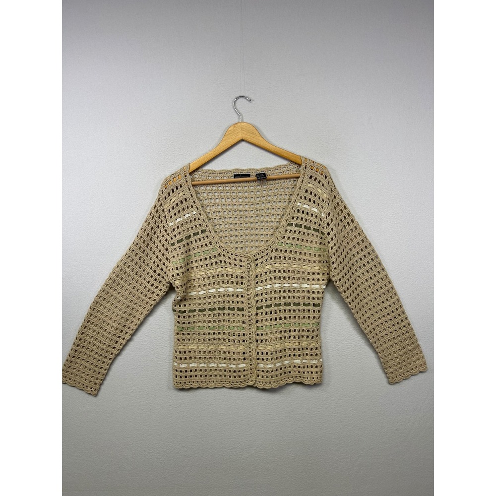 Boho Cottagecore Moda International‎ Womens Large Tan Crochet Ribbon Cardigan